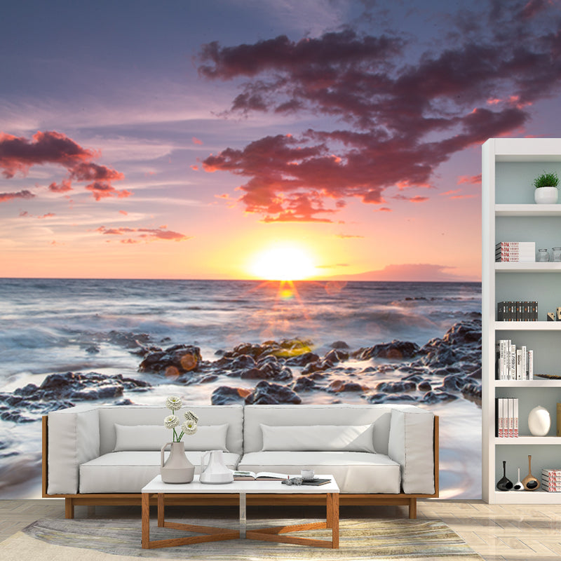 Blue-White Tide Wallpaper Mural Contemporary Sunset Seascapes Wall Art, Custom Printed Blue-White Clearhalo 'Wall Decor' 'Wall Mural' 1468702