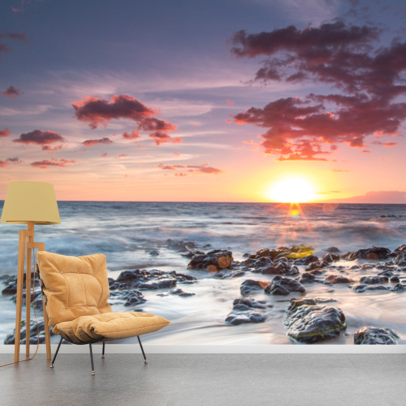 Blue-White Tide Wallpaper Mural Contemporary Sunset Seascapes Wall Art, Custom Printed Clearhalo 'Wall Decor' 'Wall Mural' 1468703