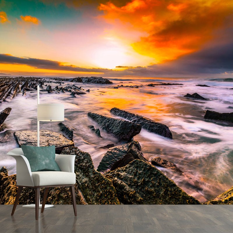 Rock Shore at Sunset Mural Tropical Smooth Wall Covering in Yellow-Green, Made to Measure Yellow-Green Clearhalo 'Wall Decor' 'Wall Mural' 1468707