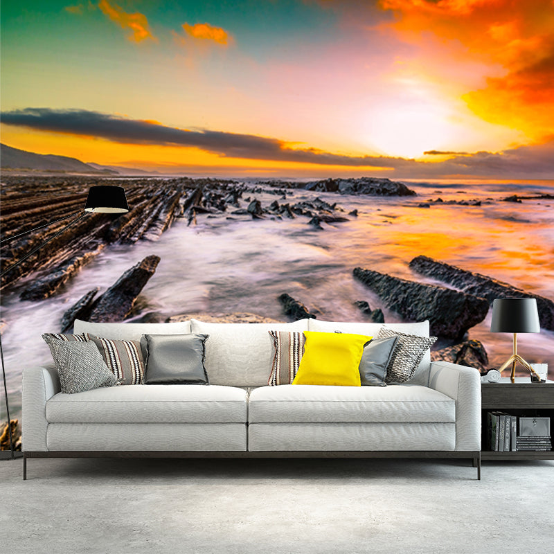 Rock Shore at Sunset Mural Tropical Smooth Wall Covering in Yellow-Green, Made to Measure Clearhalo 'Wall Decor' 'Wall Mural' 1468708