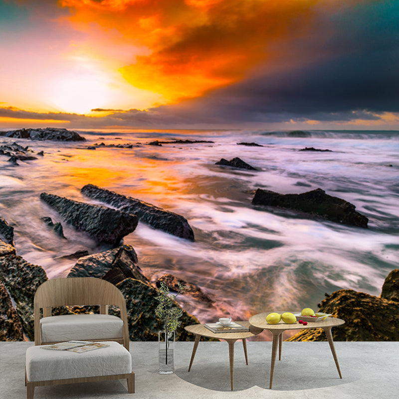 Rock Shore at Sunset Mural Tropical Smooth Wall Covering in Yellow-Green, Made to Measure Clearhalo 'Wall Decor' 'Wall Mural' 1468709