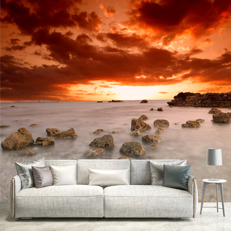 Huge Sea Shoal Stones Mural Indoor Sunset Landscape Wall Covering in White-Orange, Stain-Proof Clearhalo 'Wall Decor' 'Wall Mural' 1468719