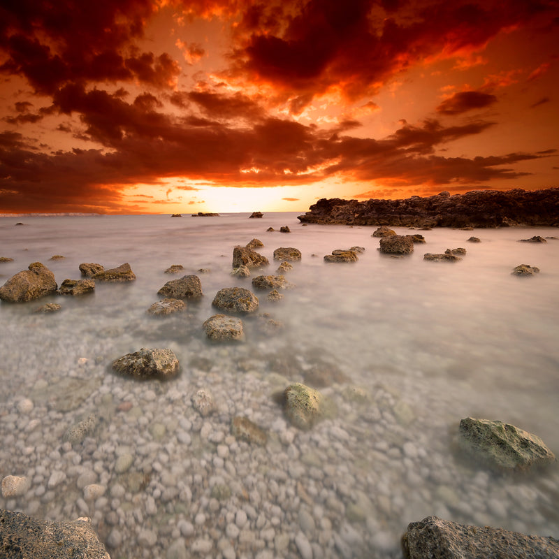 Huge Sea Shoal Stones Mural Indoor Sunset Landscape Wall Covering in White-Orange, Stain-Proof Clearhalo 'Wall Decor' 'Wall Mural' 1468720