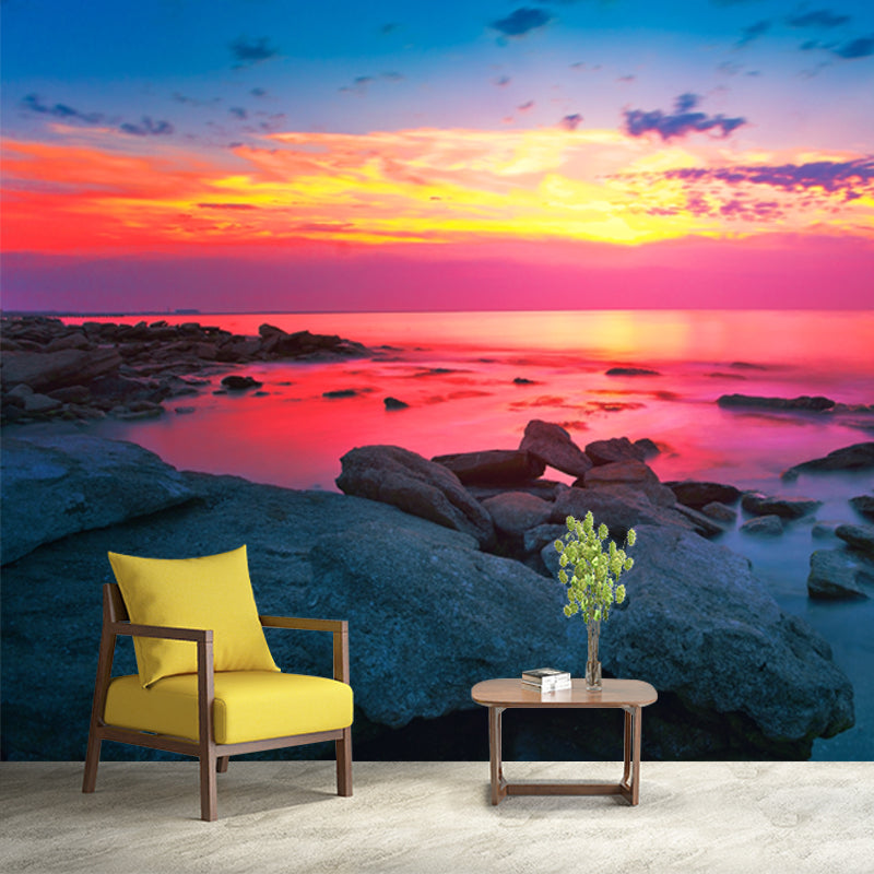 Big Tropical Wall Paper Mural Blue-Pink Coastal Rock with Evening Glow Wall Art, Custom-Made Blue-Pink Clearhalo 'Wall Decor' 'Wall Mural' 1468737