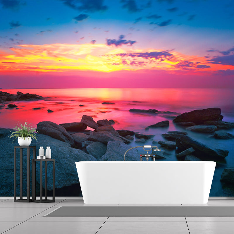 Big Tropical Wall Paper Mural Blue-Pink Coastal Rock with Evening Glow Wall Art, Custom-Made Clearhalo 'Wall Decor' 'Wall Mural' 1468738