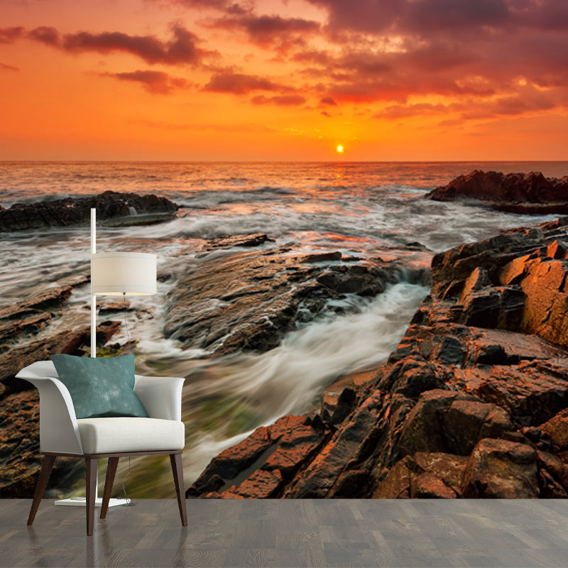 Yellow Eventide Scenery Wall Mural Ocean Rock Tropix Stain Proof Wall Art for Home Yellow Clearhalo 'Wall Decor' 'Wall Mural' 1468807