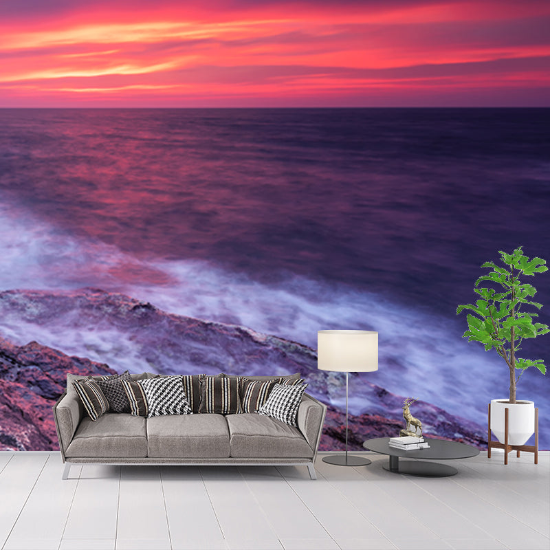 Whole Rock and Surge Mural Tropical Stunning Evening Glow Wall Covering in Purple Clearhalo 'Wall Decor' 'Wall Mural' 1468854