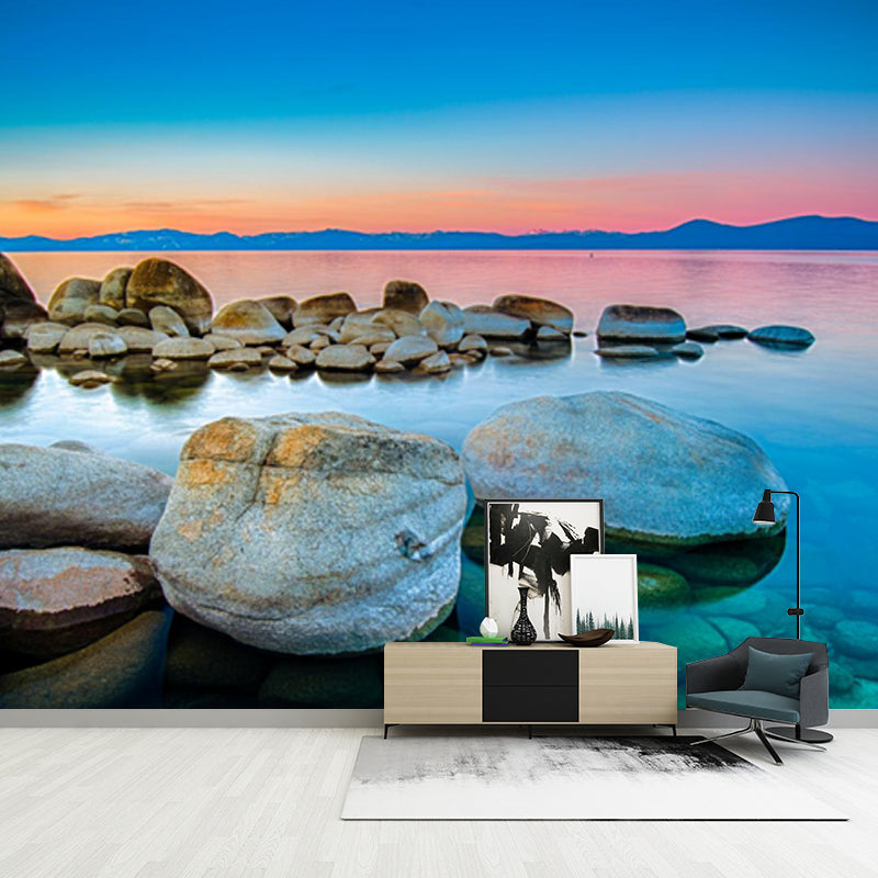 Clear Pebble Shore Lake Mural for Bedroom Sunset Landscape Wall Covering, Custom Made Aqua Clearhalo 'Wall Decor' 'Wall Mural' 1468917