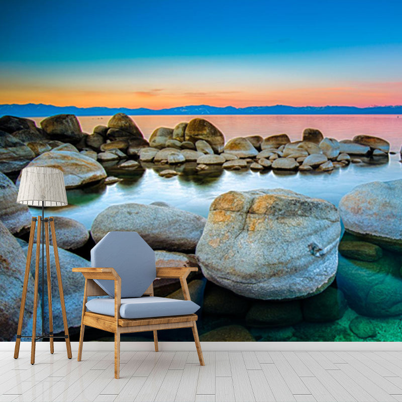 Clear Pebble Shore Lake Mural for Bedroom Sunset Landscape Wall Covering, Custom Made Clearhalo 'Wall Decor' 'Wall Mural' 1468918