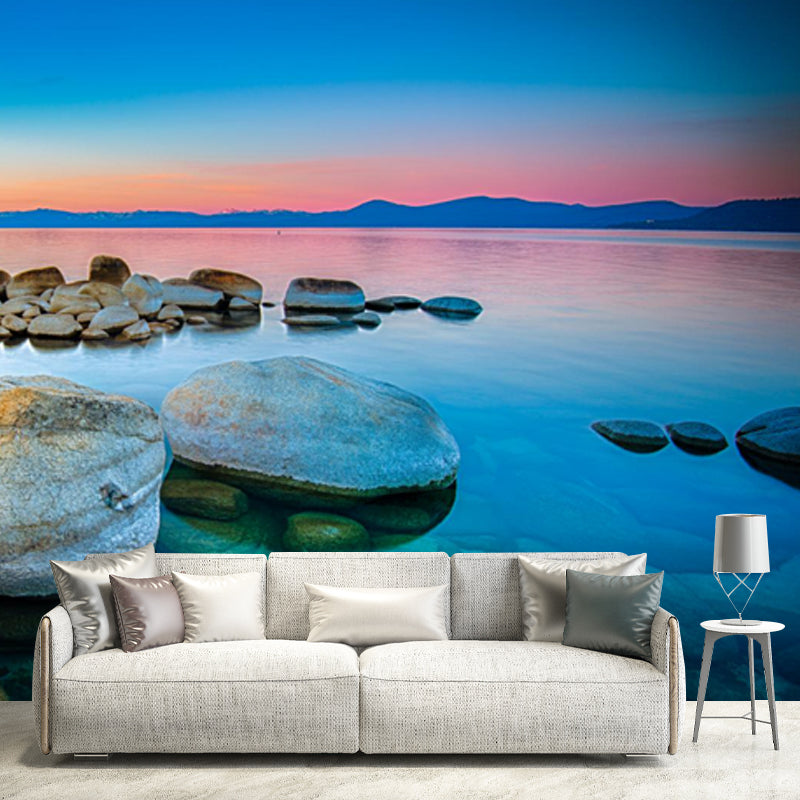 Clear Pebble Shore Lake Mural for Bedroom Sunset Landscape Wall Covering, Custom Made Clearhalo 'Wall Decor' 'Wall Mural' 1468919