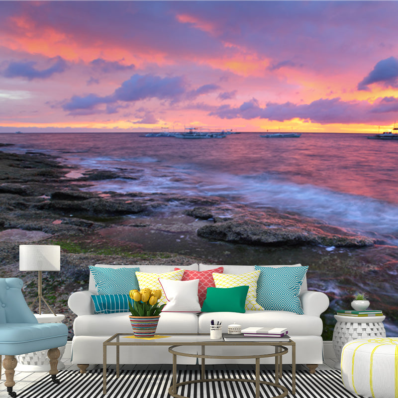 Full Size Tropical Mural Purple-Yellow Rock Coast with Sailing Ship at Dusk Wall Art, Made to Measure Clearhalo 'Wall Decor' 'Wall Mural' 1468923