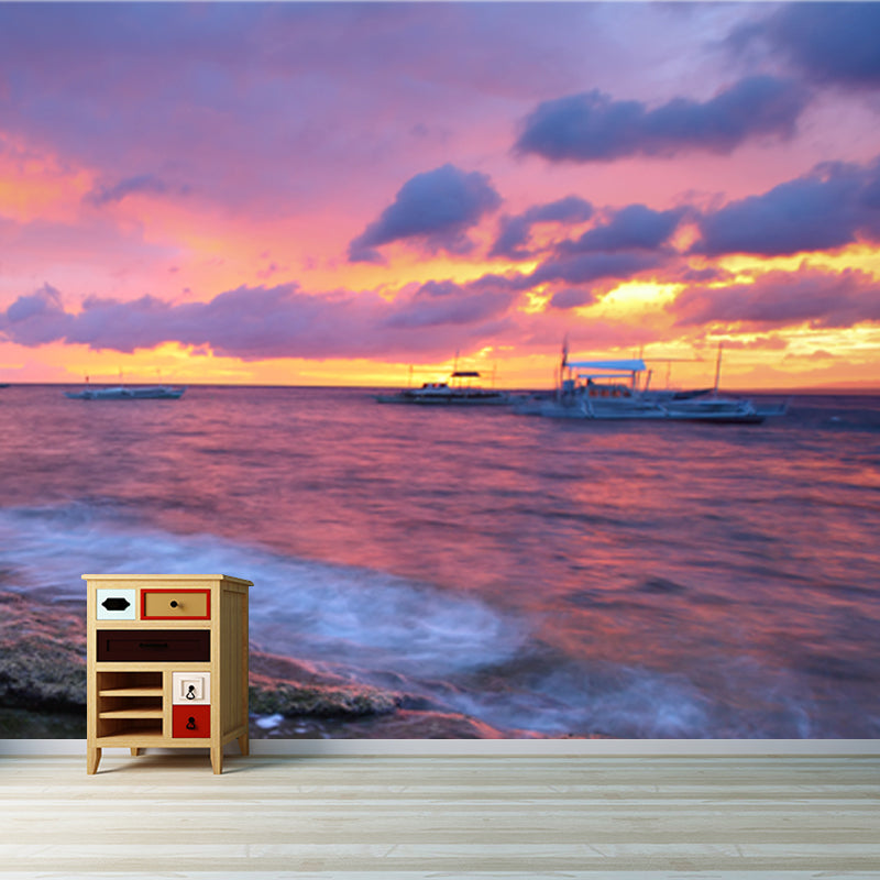 Full Size Tropical Mural Purple-Yellow Rock Coast with Sailing Ship at Dusk Wall Art, Made to Measure Clearhalo 'Wall Decor' 'Wall Mural' 1468924