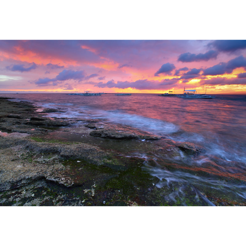 Full Size Tropical Mural Purple-Yellow Rock Coast with Sailing Ship at Dusk Wall Art, Made to Measure Clearhalo 'Wall Decor' 'Wall Mural' 1468925