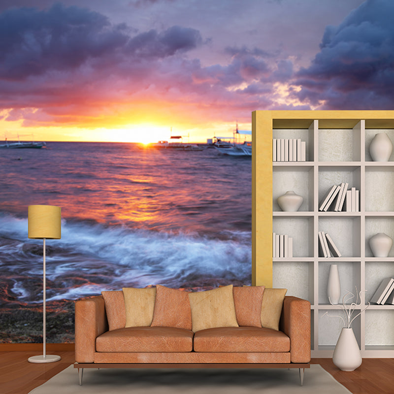 Ships at Sunset Ocean Mural Tropical Waterproofing Living Room Wall Decor, Custom Size Grey Clearhalo 'Wall Decor' 'Wall Mural' 1468927