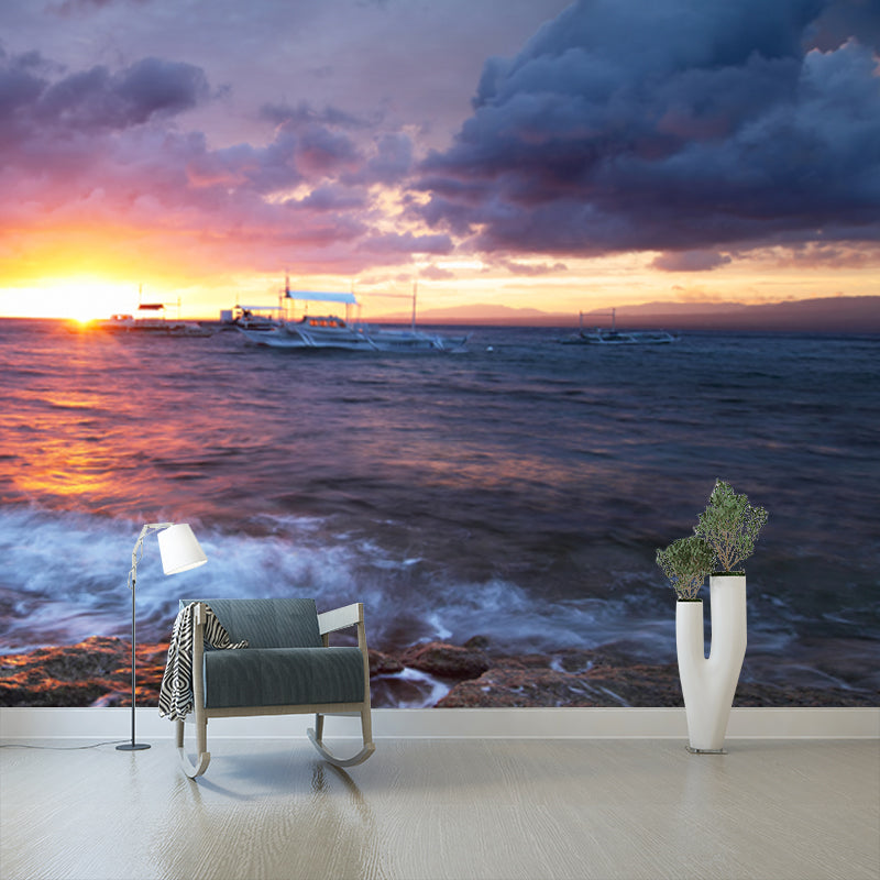 Ships at Sunset Ocean Mural Tropical Waterproofing Living Room Wall Decor, Custom Size Clearhalo 'Wall Decor' 'Wall Mural' 1468929