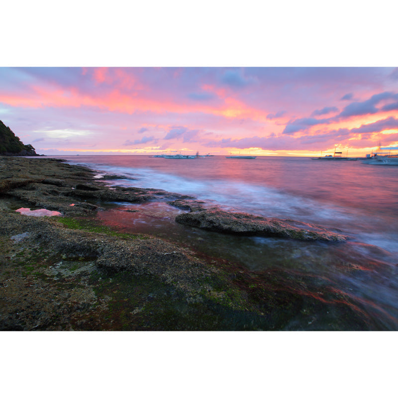 Sunset Boat Rock Shore Mural Tropical Non-Woven Fabric Wall Covering in Pink-Brown Clearhalo 'Wall Decor' 'Wall Mural' 1468935