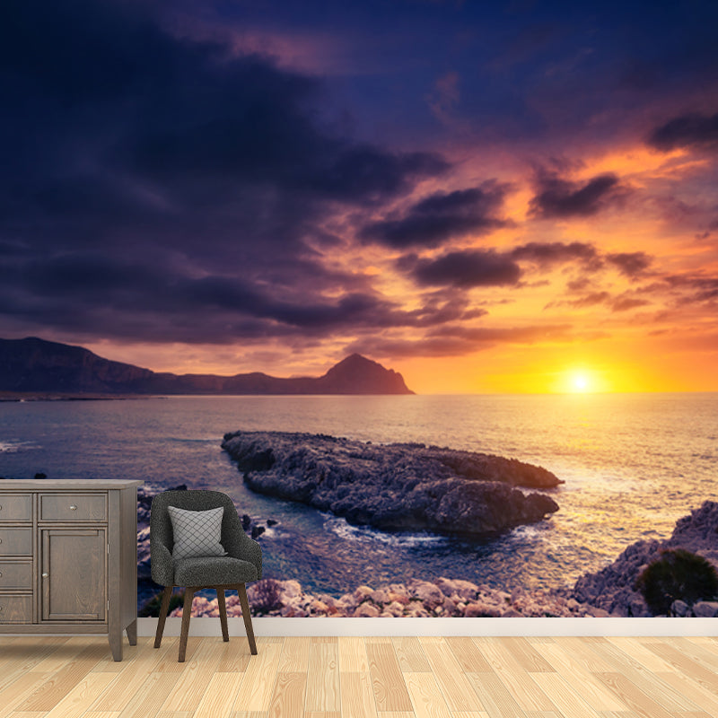 Custom Photography Tropix Mural with Sunset and Rocky Seashore Pattern in Yellow Yellow Clearhalo 'Wall Decor' 'Wall Mural' 1468937