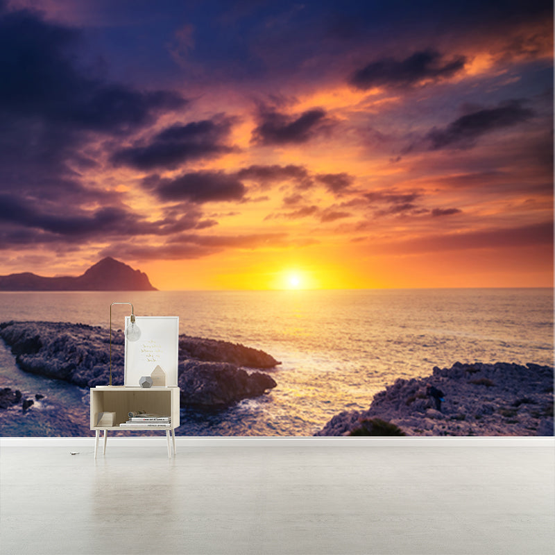 Custom Photography Tropix Mural with Sunset and Rocky Seashore Pattern in Yellow Clearhalo 'Wall Decor' 'Wall Mural' 1468938