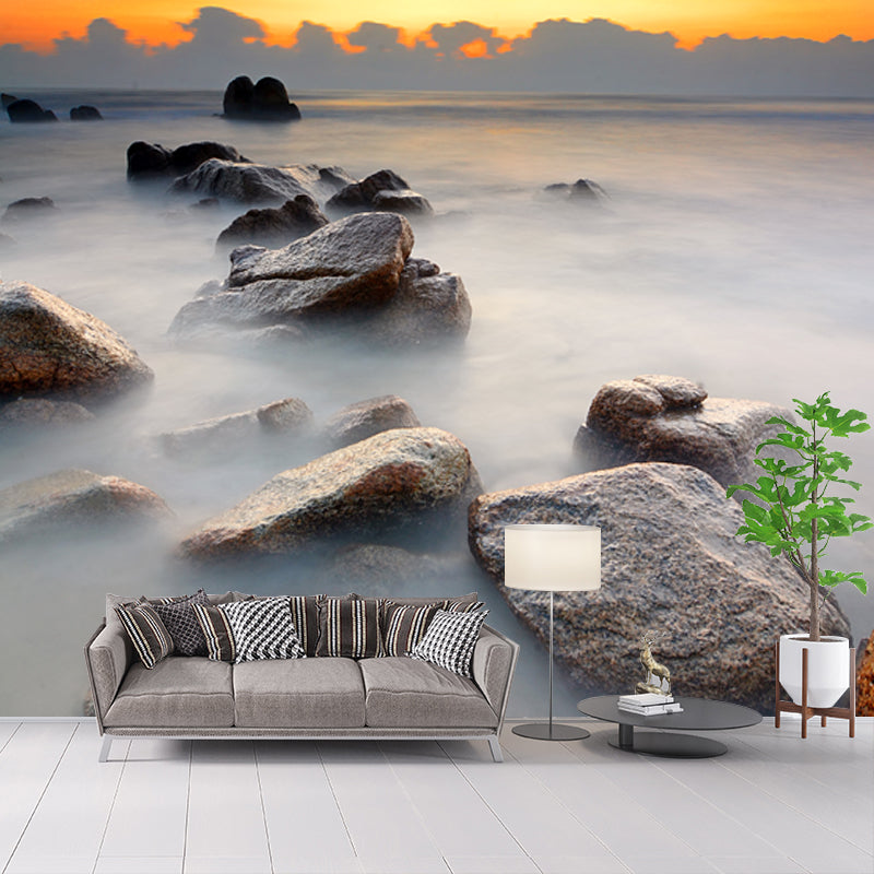 Blue Sunrise Scenery Mural Decal Stone in Foggy Water Tropix Waterproofing Wall Art Clearhalo 'Wall Decor' 'Wall Mural' 1468943