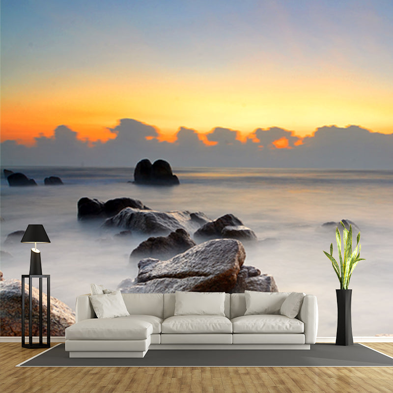 Blue Sunrise Scenery Mural Decal Stone in Foggy Water Tropix Waterproofing Wall Art Clearhalo 'Wall Decor' 'Wall Mural' 1468944