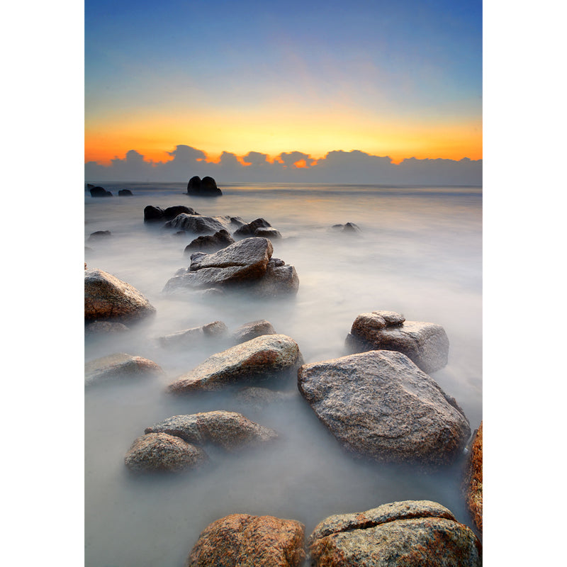 Blue Sunrise Scenery Mural Decal Stone in Foggy Water Tropix Waterproofing Wall Art Clearhalo 'Wall Decor' 'Wall Mural' 1468945