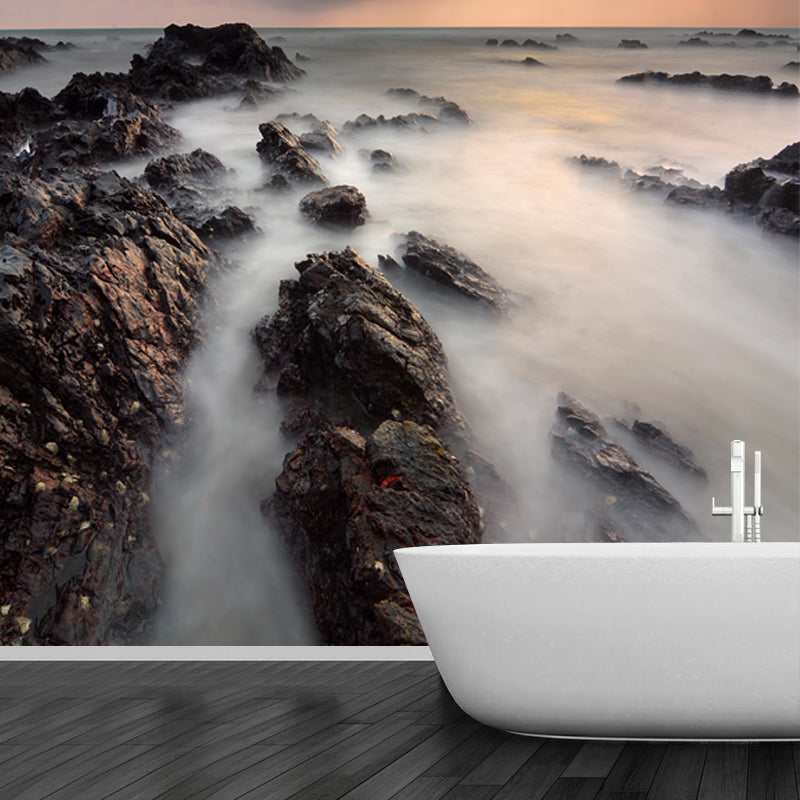 Rock and Misty Water Mural Smoke Grey Modern Style Wall Covering for Accent Wall Clearhalo 'Wall Decor' 'Wall Mural' 1468953