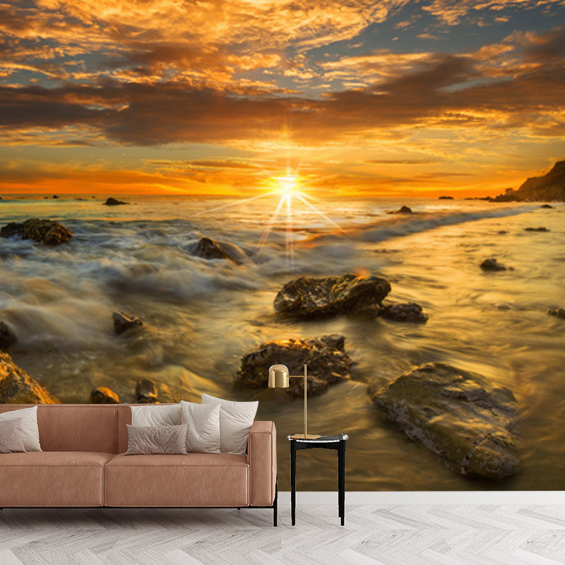 Stunning Seashore Sunset Mural Wallpaper for Home, Yellow-Blue, Personalized Size Yellow Clearhalo 'Wall Decor' 'Wall Mural' 1468957