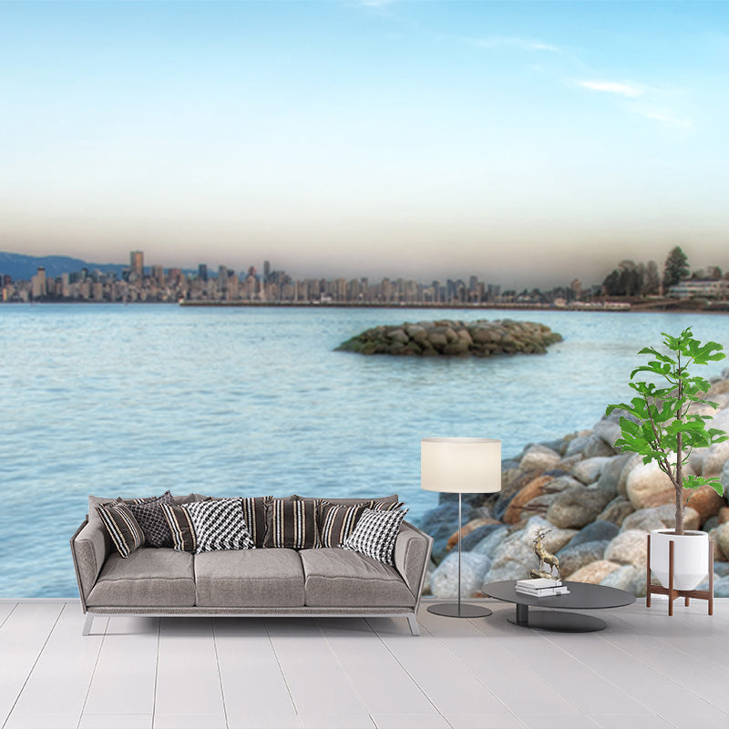 Large Tropical Mural Blue Seashore Pebbles and City View Wall Decor, Made to Measure Clearhalo 'Wall Decor' 'Wall Mural' 1468974