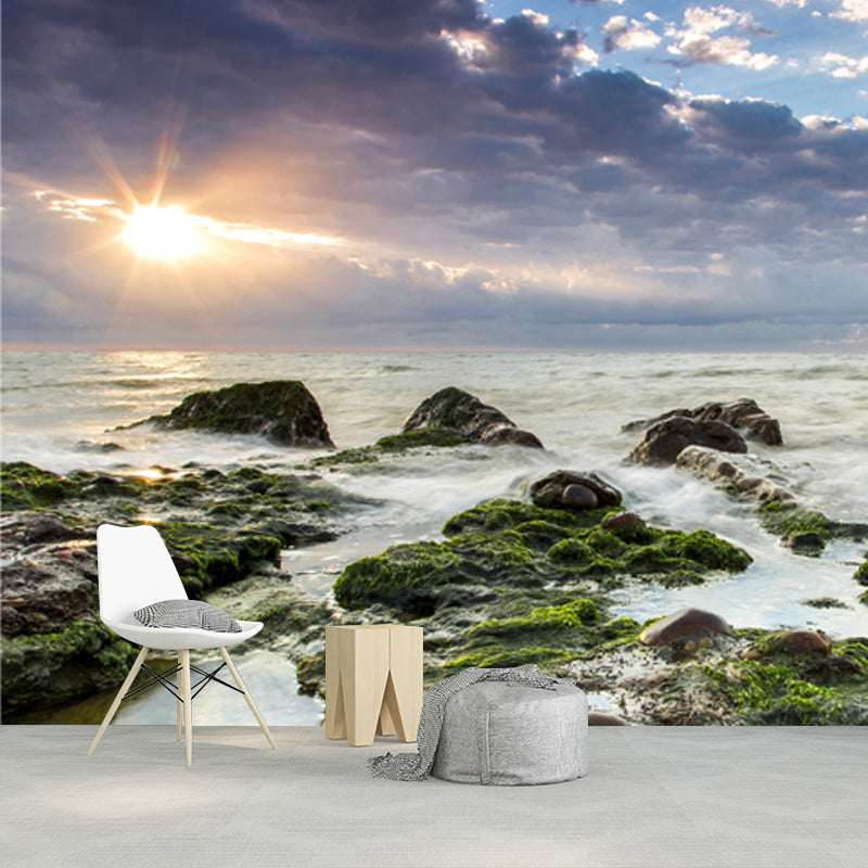 Big Seascapes Wall Paper Mural for Home Evening Sunshine on Moss Stone Wall Decor in Green, Washable Green Clearhalo 'Wall Decor' 'Wall Mural' 1468987