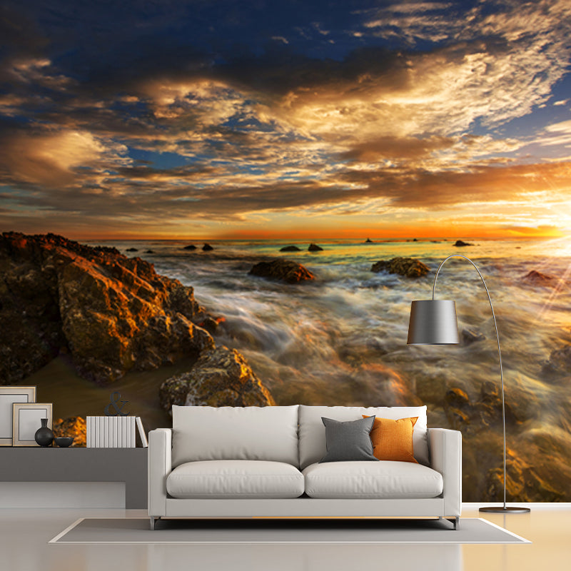 Sundown Seashore with Rock Mural Tropical Non-Woven Fabric Wall Art in Yellow-Blue Clearhalo 'Wall Decor' 'Wall Mural' 1468999