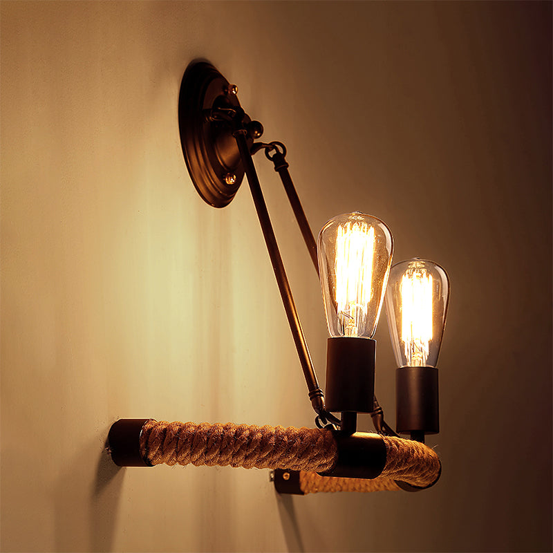 Roped Half-Ring Wall Lighting Vintage Style 2 Lights Living Room Wall Lamp with Bare Bulb in Black Clearhalo 'Art deco wall lights' 'Cast Iron' 'Glass' 'Industrial wall lights' 'Industrial' 'Middle century wall lights' 'Modern' 'Rustic wall lights' 'Tiffany' 'Traditional wall lights' 'Wall Lamps & Sconces' 'Wall Lights' Lighting' 146914