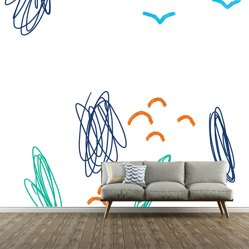 Kids Doodle Seagulls Wall Mural for Kindergarten Customized Wall Decor in Blue-Orange Clearhalo 'Wall Decor' 'Wall Mural' 1469234