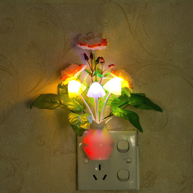 Flower Vase Plastic Plug-in Night Light Modern Pink and Green LED Wall Lamp in Multi-Colored Light Multi-Color Clearhalo 'Night Lights' 'Wall Lights' Lighting' 1469357