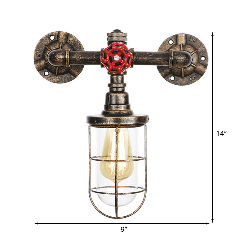 Wire Guard Iron Wall Sconce Lamp with Water Pipe Rustic Style 1 Light Bathroom Wall Light Fixture in Aged Brass Clearhalo 'Art deco wall lights' 'Cast Iron' 'Glass' 'Industrial wall lights' 'Industrial' 'Middle century wall lights' 'Modern' 'Rustic wall lights' 'Tiffany' 'Traditional wall lights' 'Wall Lamps & Sconces' 'Wall Lights' Lighting' 147255