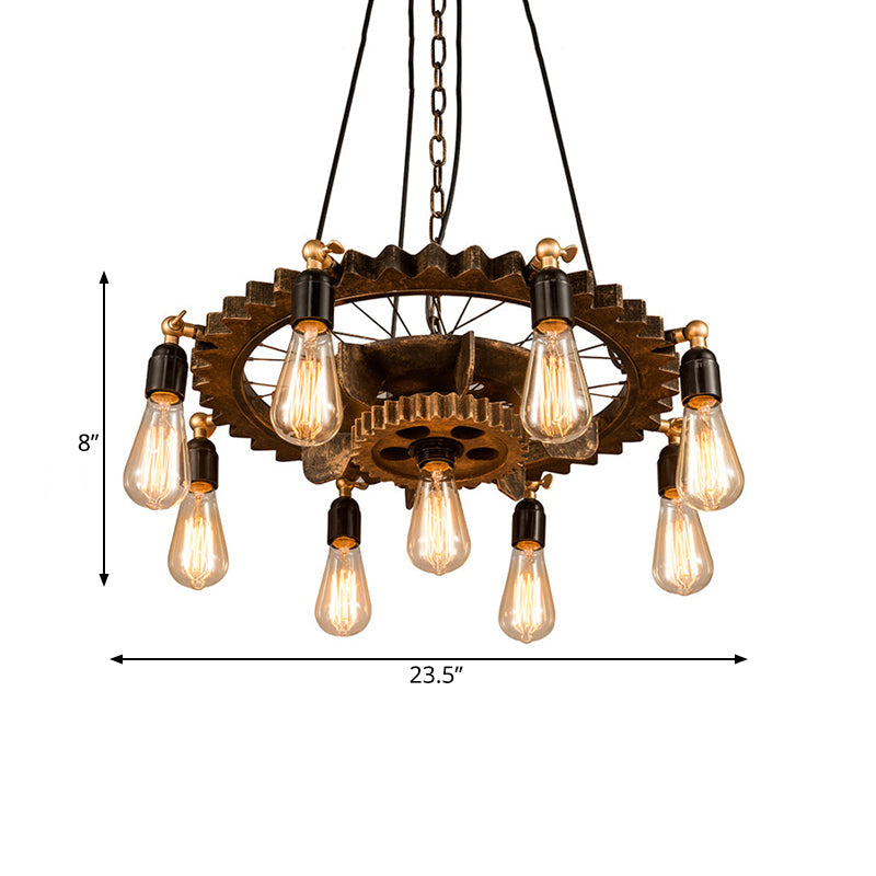 Iron Brass Chandelier Lighting Gear 9 Heads Industrial Suspension Light with Bare Bulb Design Clearhalo 'Cast Iron' 'Ceiling Lights' 'Chandeliers' 'Industrial Chandeliers' 'Industrial' 'Metal' 'Middle Century Chandeliers' 'Rustic Chandeliers' 'Tiffany' Lighting' 1472618