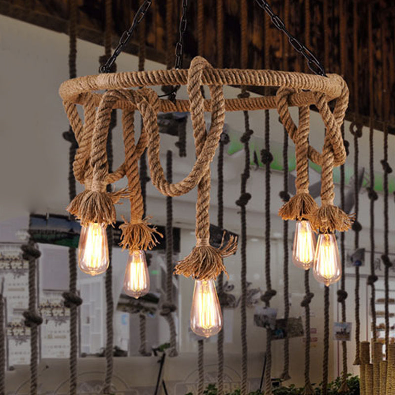 Hemp Rope Brown Pendant Chandelier Bare Bulb 6 Lights Countryside Ceiling Light for Restaurant Clearhalo 'Ceiling Lights' 'Chandeliers' 'Industrial Chandeliers' 'Industrial' 'Middle Century Chandeliers' 'Tiffany' Lighting' 1472619