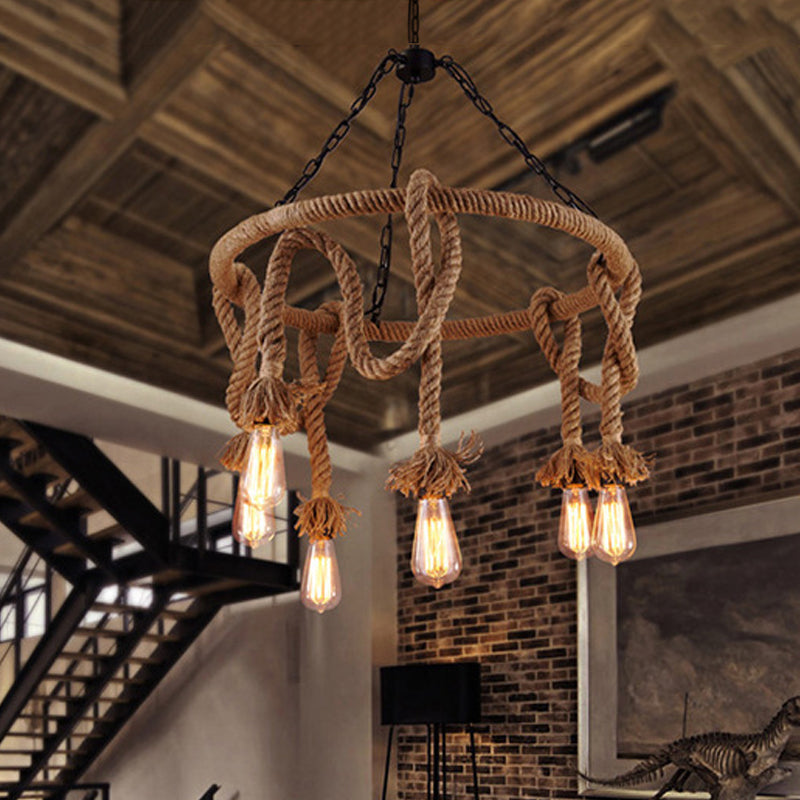 Hemp Rope Brown Pendant Chandelier Bare Bulb 6 Lights Countryside Ceiling Light for Restaurant Brown A Clearhalo 'Ceiling Lights' 'Chandeliers' 'Industrial Chandeliers' 'Industrial' 'Middle Century Chandeliers' 'Tiffany' Lighting' 1472620