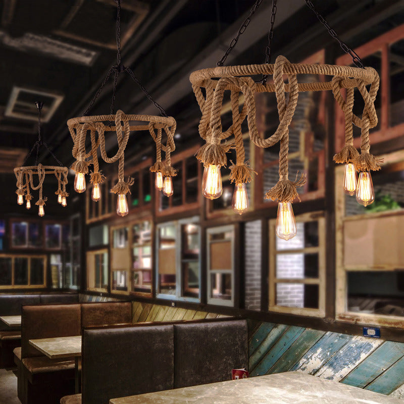 Hemp Rope Brown Pendant Chandelier Bare Bulb 6 Lights Countryside Ceiling Light for Restaurant Clearhalo 'Ceiling Lights' 'Chandeliers' 'Industrial Chandeliers' 'Industrial' 'Middle Century Chandeliers' 'Tiffany' Lighting' 1472621