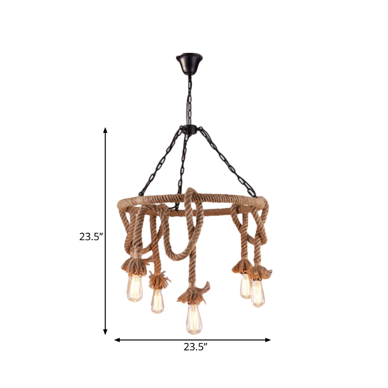 Hemp Rope Brown Pendant Chandelier Bare Bulb 6 Lights Countryside Ceiling Light for Restaurant Clearhalo 'Ceiling Lights' 'Chandeliers' 'Industrial Chandeliers' 'Industrial' 'Middle Century Chandeliers' 'Tiffany' Lighting' 1472623