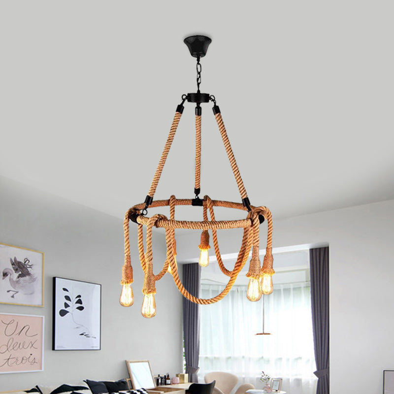 Hemp Rope Brown Pendant Chandelier Bare Bulb 6 Lights Countryside Ceiling Light for Restaurant Brown B Clearhalo 'Ceiling Lights' 'Chandeliers' 'Industrial Chandeliers' 'Industrial' 'Middle Century Chandeliers' 'Tiffany' Lighting' 1472625