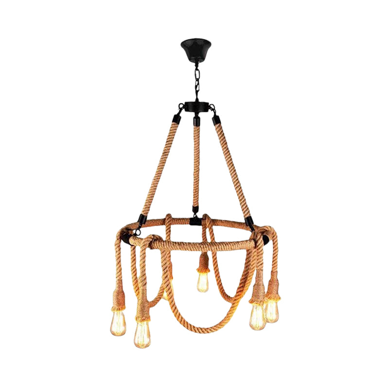 Hemp Rope Brown Pendant Chandelier Bare Bulb 6 Lights Countryside Ceiling Light for Restaurant Clearhalo 'Ceiling Lights' 'Chandeliers' 'Industrial Chandeliers' 'Industrial' 'Middle Century Chandeliers' 'Tiffany' Lighting' 1472627