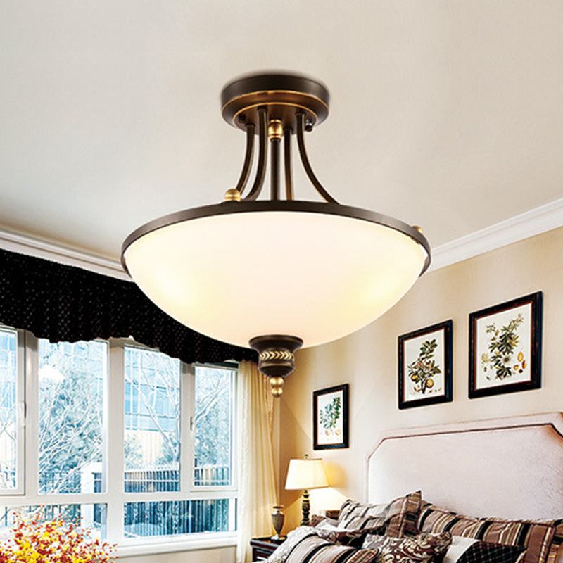 Modern Dome Ceiling Lamp 3 Lights Opal Glass Semi Flush Mount Light Fixture in Black for Bedroom Clearhalo 'Ceiling Lights' 'Close To Ceiling Lights' 'Close to ceiling' 'Semi-flushmount' Lighting' 1472754