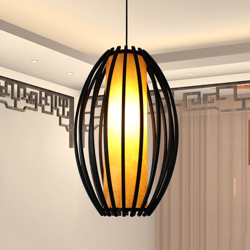 1-Light Hanging Light Kit Traditional Oval Cage Bamboo Ceiling Lamp in Black with Tube Shade Inside Black Clearhalo 'Ceiling Lights' 'Pendant Lights' 'Pendants' Lighting' 1472797_4a120fc1-4d52-433b-8c46-6c6f97c6e83a