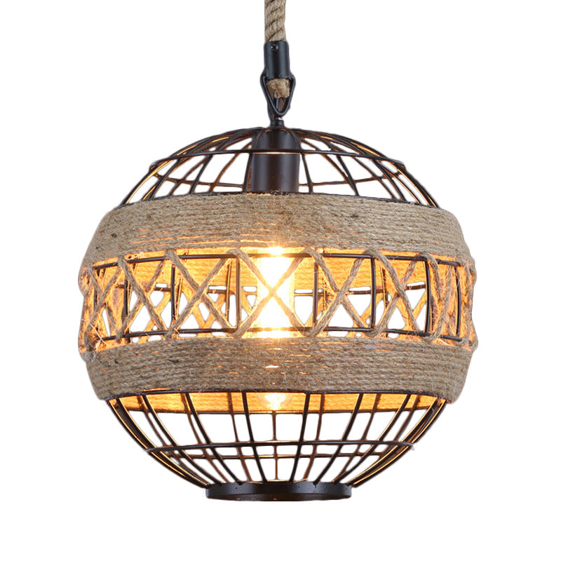 Spherical Bistro Ceiling Suspension Lamp Rustic Natural Rope 1 Head 12