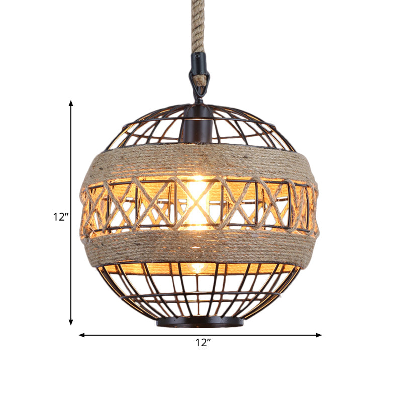 Spherical Bistro Ceiling Suspension Lamp Rustic Natural Rope 1 Head 12