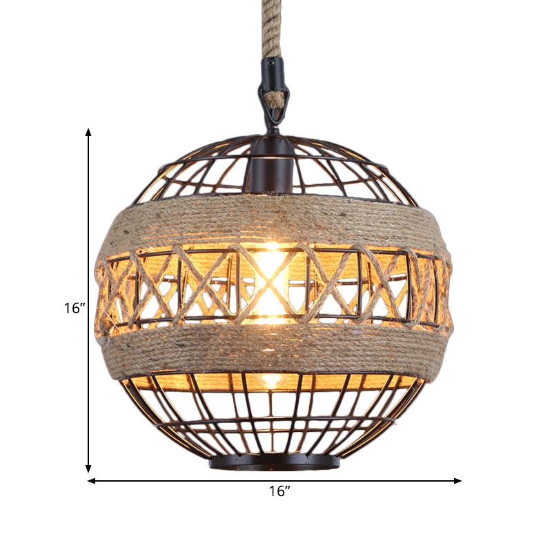 Spherical Bistro Ceiling Suspension Lamp Rustic Natural Rope 1 Head 12