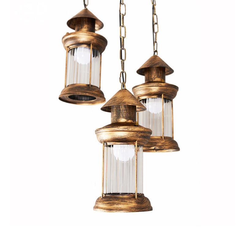 Coastal Kerosene Multi Ceiling Light 3-Head Metallic Pendant Lamp in Brass with Clear Ribbed Glass Shade Clearhalo 'Art Deco Pendants' 'Cast Iron' 'Ceiling Lights' 'Ceramic' 'Crystal' 'Industrial Pendants' 'Industrial' 'Metal' 'Middle Century Pendants' 'Pendant Lights' 'Pendants' 'Tiffany' Lighting' 1472987