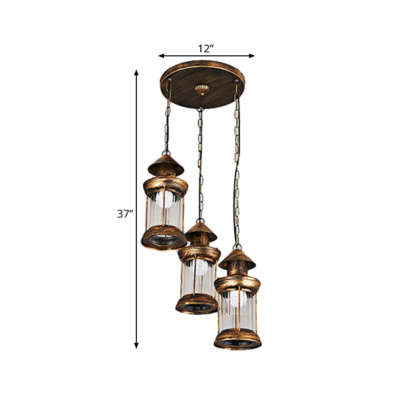 Coastal Kerosene Multi Ceiling Light 3-Head Metallic Pendant Lamp in Brass with Clear Ribbed Glass Shade Clearhalo 'Art Deco Pendants' 'Cast Iron' 'Ceiling Lights' 'Ceramic' 'Crystal' 'Industrial Pendants' 'Industrial' 'Metal' 'Middle Century Pendants' 'Pendant Lights' 'Pendants' 'Tiffany' Lighting' 1472989