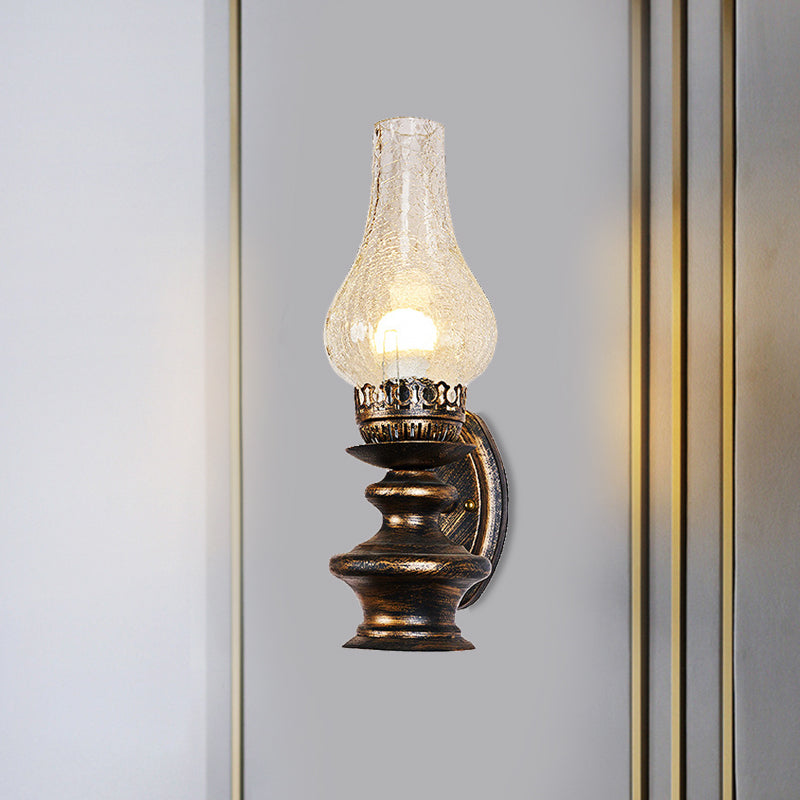 Vintage Kerosene Sconce Lighting 1 Light Clear Crackle Glass Wall Mount Light Fixture in Brass Clearhalo 'Art deco wall lights' 'Cast Iron' 'Glass' 'Industrial wall lights' 'Industrial' 'Middle century wall lights' 'Modern' 'Rustic wall lights' 'Tiffany' 'Traditional wall lights' 'Wall Lamps & Sconces' 'Wall Lights' Lighting' 1473046