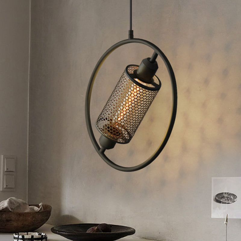 1 Bulb Hanging Ceiling Light Colonial Cylinder Metal Mesh Pendant Lamp with Ring in Black/Gold, 14